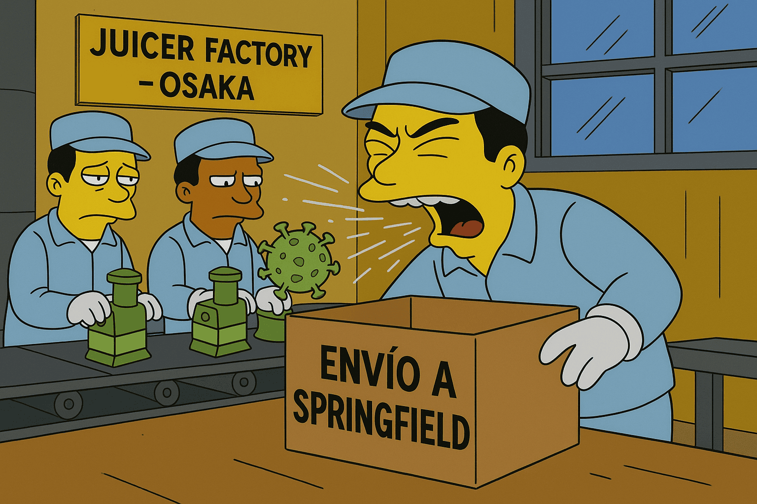trabajadores asiáticos estornudando dentro de una fábrica